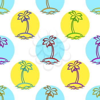 Seamless pattern, symbolical islands with palm trees in circles isolated on white background. Vector