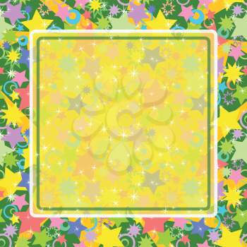 Abstract background with frame: colorful stars and circles. Vector eps10, contains transparencies
