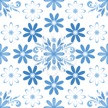 Seamless floral background, blue symbolical silhouette flowers. Vector