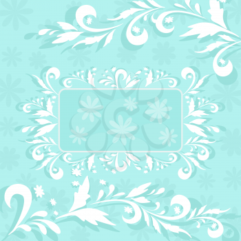 Abstract floral background with white flowers silhouettes and frame. Vector