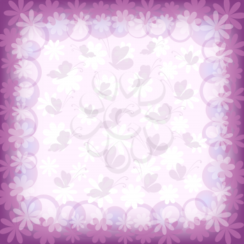 Abstract lilac and white background with butterflies and flowers. Vector