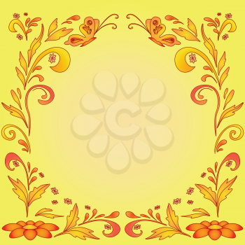 Abstract floral orange and yellow background with flowers and butterflies. Vector