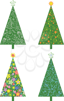 Set Christmas holiday trees with patterns and cartoons. Isolated on white background. Vector eps10, contains transparencies