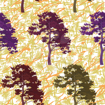 Seamless background, summer forest with colorful pine trees and abstract pattern. Vector