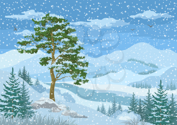 Winter Mountain Landscape with Pine and Fir Trees, Blue Sky with Snow, Birds and Clouds. Eps10, Contains Transparencies. Vector