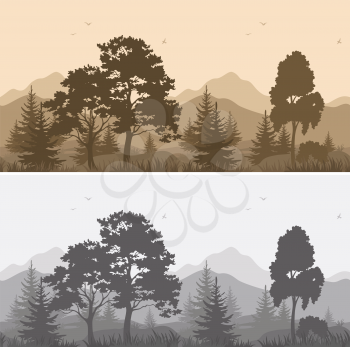 Set Seamless Horizontal Landscapes, Mountains with Trees and Grass, Birds in the Sky, Gray and Brown Silhouettes. Vector