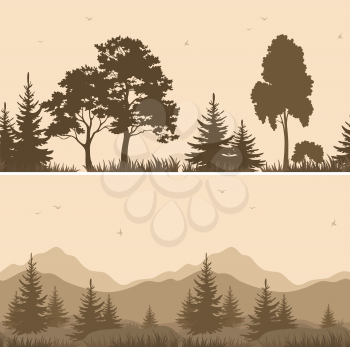 Set Seamless Horizontal Landscapes, Forest and Mountains with Trees and Grass, Birds in the Sky, Brown Silhouettes. 