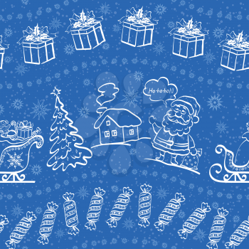 Christmas seamless pattern for holiday design, white contours on blue background. Vector