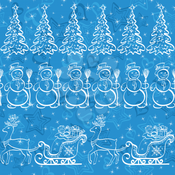 Christmas seamless pattern for holiday design, white contours on blue background. Vector