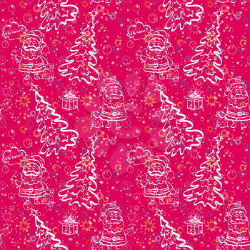 Christmas seamless pattern for holiday design, cartoon Santa Claus and fir tree, white contours on red background. Vector