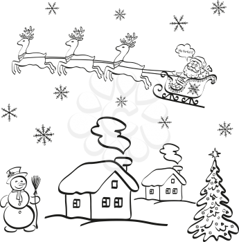Holiday Cartoon, Santa Claus Flying in a Snowy Sky in a Sleigh with Reindeer on a Landscape with Christmas Tree, a Snowman and Houses. Black Contours on White Background. Vector