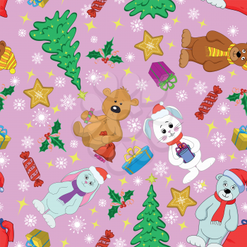 Christmas cartoon seamless background for holiday design with toys characters. Vector