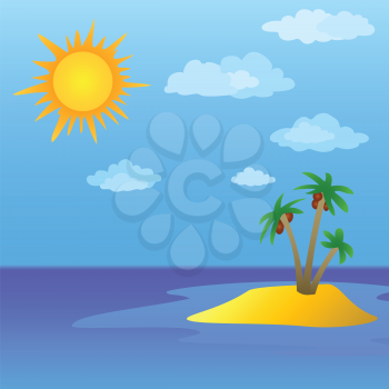 Summer tropical sea landscape: sun, sky and island with palm trees. Vector illustration