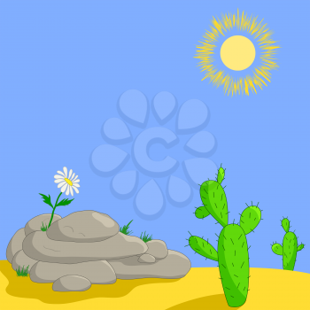 Lonely flower on stones in desert and cactuses, vector