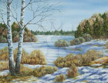 Picture oil paints on a canvas, landscape: early spring