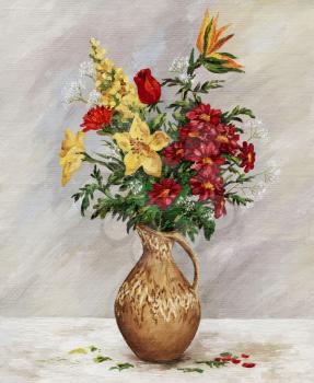 Picture oil paints on a canvas: a bouquet in a ceramic jug