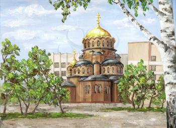 Picture oil paints on a canvas: Church, Cathedral of Alexander Nevsky, Russia, Novosibirsk