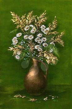 Picture oil paints on a canvas: a bouquet of camomiles in a clay jug on a green background