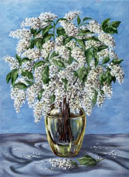 Picture oil paints on a canvas: a bouquet of bird cherry in a glass vase