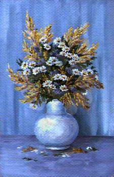 Picture oil paints on a canvas: a bouquet of camomiles in blue vase
