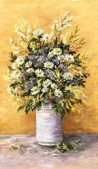 Picture oil paints on a canvas: a bouquet of camomiles in a white glass