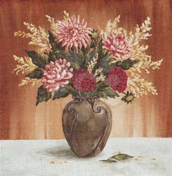 Picture Oil Painting on a Canvas, a Bouquet of Flowers Dahlias in a Ceramic Vase