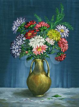 Picture oil paints on a canvas: a bouquet of asters in a clay vase