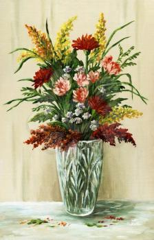Picture oil paints on a canvas: a bouquet of flowers in a crystal vase
