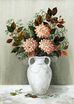 Picture oil paints on a canvas: a bouquet of dahlias in a white jug
