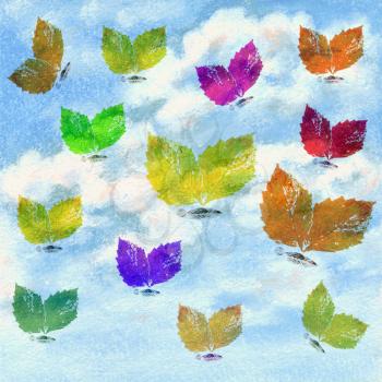 Butterflies from colorful leaves and blue sky with clouds. Picture, pastel, hand draw on paper