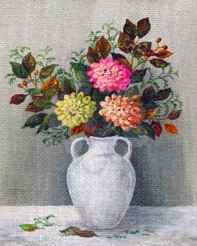 Picture Oil Painting on a Canvas, a Bouquet of Dahlias in a White Jug