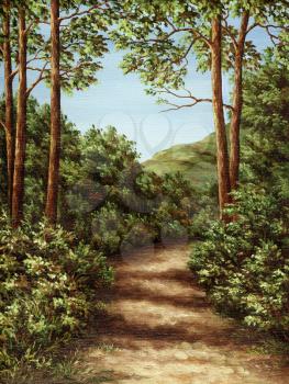 Picture oil paints on a canvas: footpath in mountain wood