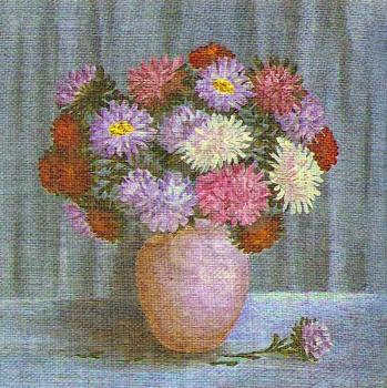 Picture Oil Painting on a Canvas, a Bouquet of Asters in a Clay Pot