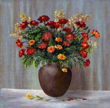 Picture oil paints on a canvas: a bouquet of marigold in a clay pot
