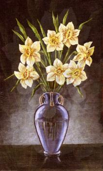 Flowers narcissuses in a glass vase, picture oil paints on a canvas