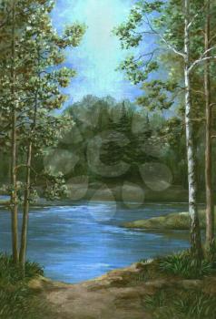 Landscape, picture oil paints on a canvas: trees on the bank of wood lake