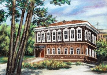 Picture, wooden ancient house, Russia, Siberia, Novosibirsk. Drawing a pastel on a cardboard