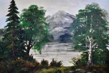 Trees on the bank of mountain lake, picture an oil paint on a canvas