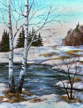 Picture oil paints on a canvas, landscape: birches at the river, spring