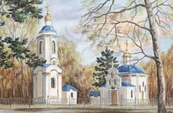 Picture a pastel on a car board: Evgenie Muchenika's church, Russia, Novosibirsk