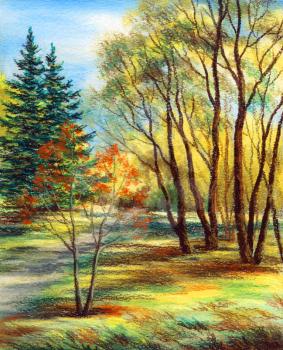Picture, landscape. Forest, Siberia, Russia. Drawing a pastel on a cardboard.