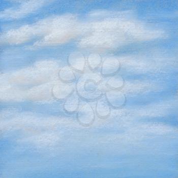 Blue sky with white clouds. Picture, pastel, hand-draw on paper