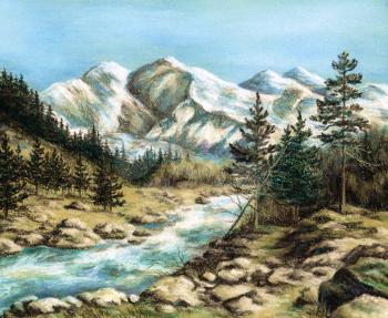 Drawing a pastel on a cardboard:: The Altay landscape, Russia