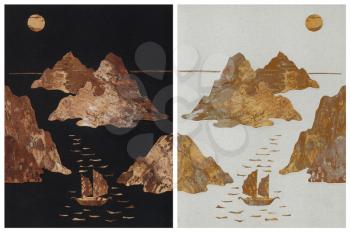 Sailing ships in sea of Japan. Handmade, application from slices of a back of a birch bark on a black fabric
