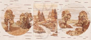 Set Russian Siberian natural landscapes. Handmade, application from slices of an underside of a birch bark