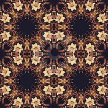 Abstract artistic pattern, seamless handmade floral ornament, applique from the back side of a birch bark on black fabric background
