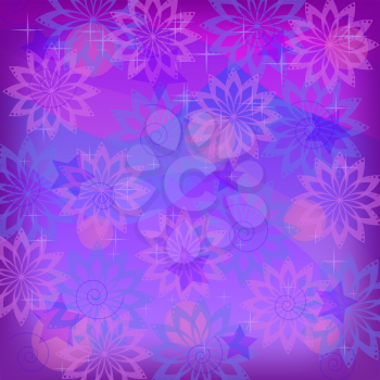 Abstract Lilac and Blue Background, Symbolical Flowers, Curves and Stars. Vector Eps10, Contains Transparencies