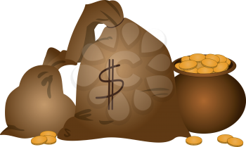 Symbol of wealth: bags with money and a pot full of gold coins. Vector