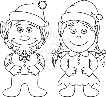 Cartoon, garden gnomes, boy and girl, black contour on white background. Vector illustration