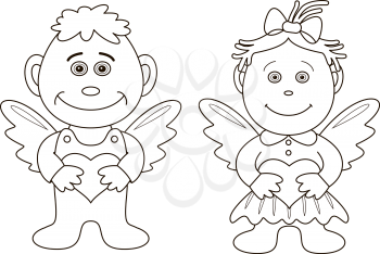 Girl and boy angels with hearts. Picture about love and valentine's day, contours